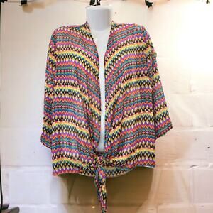 Slinky Brand Women's Multicolor Zig Zag Pattern Tie Front Cardigan Top | Size M